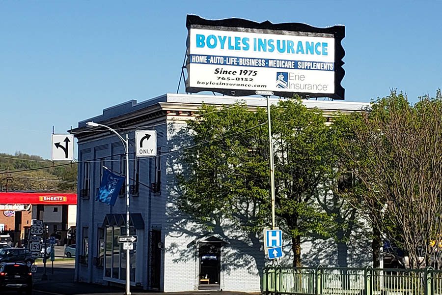 Clearfield, PA Insurance - Boyles Insurance Office in Clearfield, PA with Large Sign Outside on a Nice Day